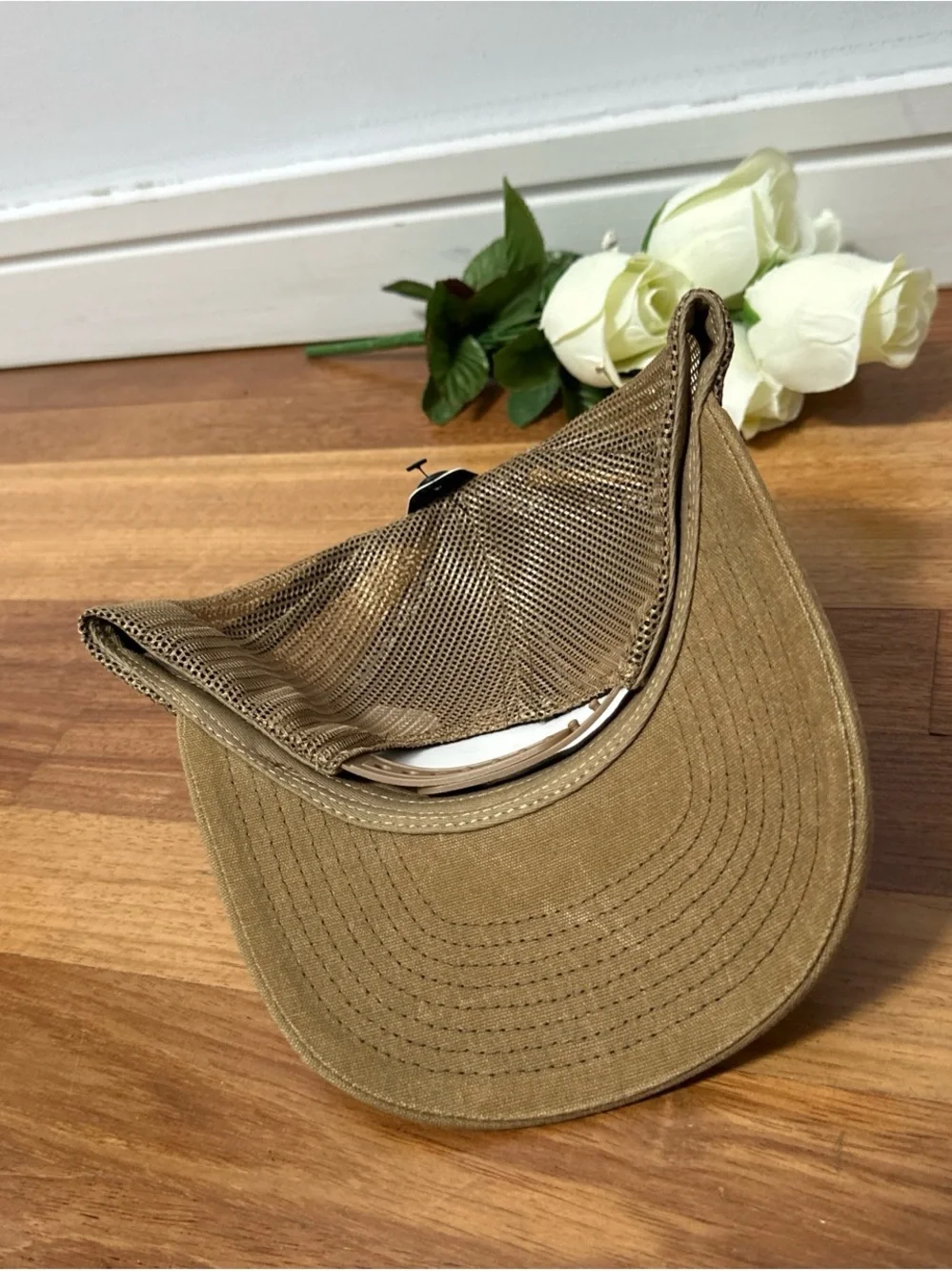 Men’s Tan Trucker Cap with American Flag Patch